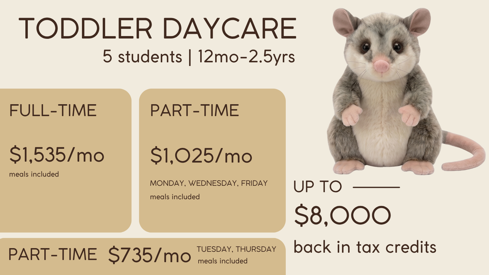Koalaroo toddler daycare monthly fees in Barrie — full-time and part-time pricing